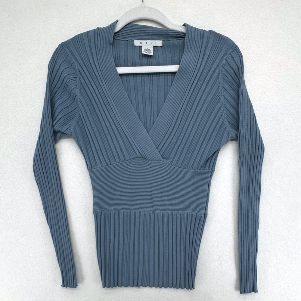 Cabi Ribbed Knit Sweater‎ Women Medium Blue Silk Blend Surplice V-Neck 721